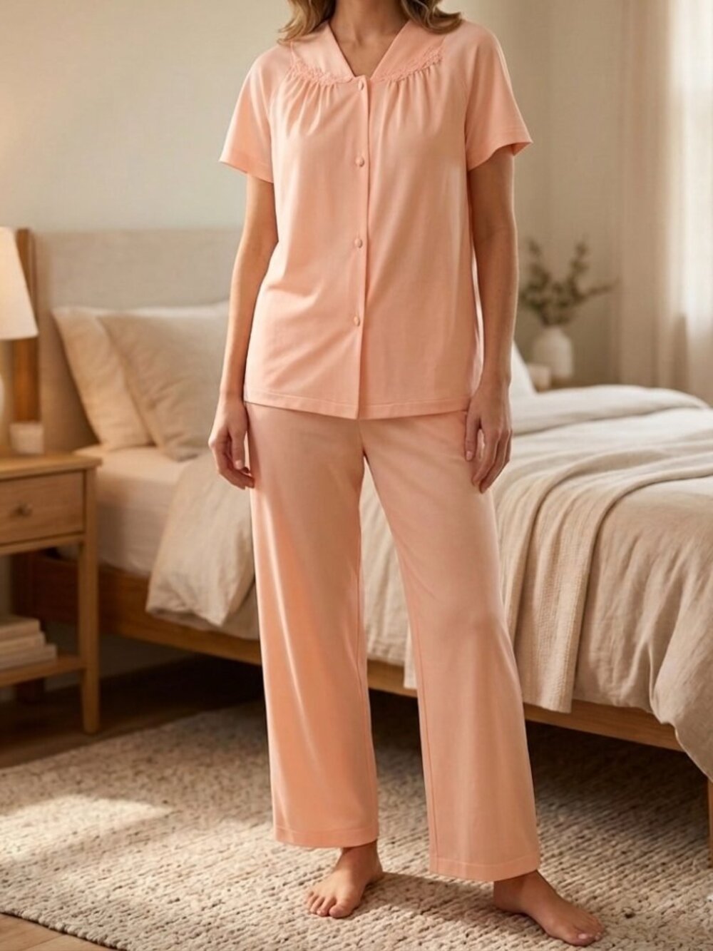 Vintage Vanity Fair Silky Nylon 2 Piece Pajama Set Peach Size L USA Retro 80's